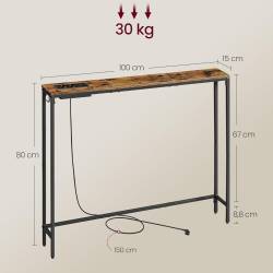 VASAGLE Masa tip consola ingusta cu statie de incarcare, prize si porturi USB, cadru metalic, 100x15x80 cm, maro rustic