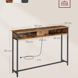 VASAGLE Masa tip consola ingusta, cu 2 prize si 2 porturi USB incorporate, 120x25x81 cm, maro rustic