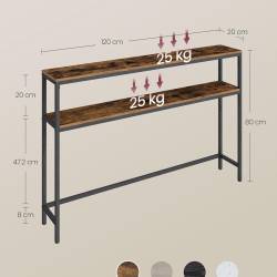 VASAGLE Masa tip consola ingusta cu 2 rafturi, cadru metalic, stil industrial, 120x20x80 cm, maro rustic