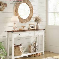 VASAGLE Masa tip consola cu 3 sertare si raft inferior, MDF si lemn masiv cu aspect hambar, 120x24x76 cm, alb rustic si maro