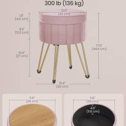 SONGMICS Taburet rotund cu spatiu de depozitare, tapitat catifea, 32x39x44 cm, roz