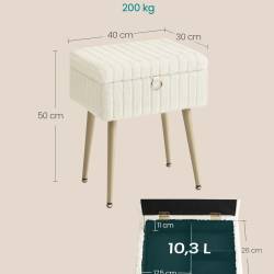 SONGMICS Taburet cu spatiu de depozitare si picioare metalice, tapitat, maxim 200 kg, 40x30x50 cm, alb crem