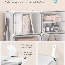 SONGMICS Organizator pantofi modular cu 12 compartimente, cadru metalic si panouri din plastic, cu usi, 124x32x125 cm, alb