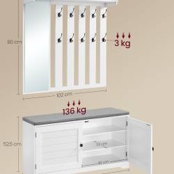 VASAGLE Cuier hol cu pantofar si oglinda, piese separate, 10 carlige duble, banca cu sezut captusit, PAL, 101x40 cm, alb