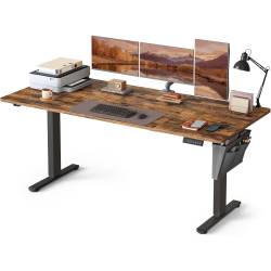 SONGMICS Birou electric reglabil pe inaltime, functie sit-stand, 4 memorii, organizator cabluri, port USB, 180x80x72-120 cm, maro rustic
