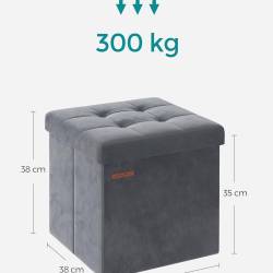 SONGMICS Taburet pliabil cu spatiu depozitare, tapiterie catifea, structura MDF, 38x38x38 cm, gri