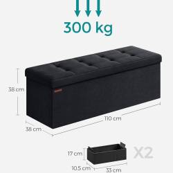 SONGMICS Bancuta pliabila cu spatiu de depozitare, catifea matlasata, 38x110x38 cm, capacitate 300 kg, negru