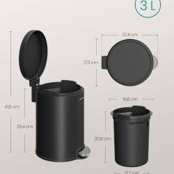 SONGMICS Cos de gunoi cu pedala, ideal pentru baie, galeata interioara detasabila, 3 litri, inchidere lenta, 17x22x25 cm, negru