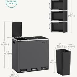SONGMICS Cos de gunoi colectare selectiva cu 3 compartimente 3 x 18L, capace soft close, pedale, otel, 61x32x56 cm, gri mat