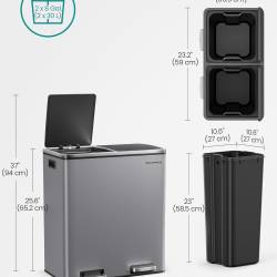 SONGMICS Cos de gunoi dublu colectare selectiva, 2x30L, cu pedale si capac soft close, galeata interioara, otel, 62x59x36 cm, gri