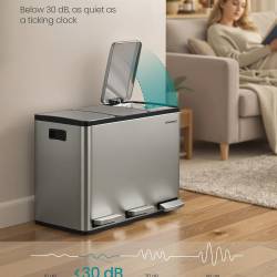 SONGMICS Cos reciclare 3 compartimente 45 L, galeti detasabile cu maner si capace soft close, inox, 46x35x62 cm, argintiu