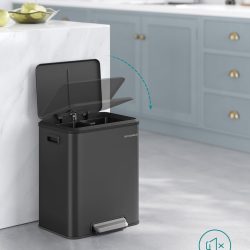 SONGMICS Cos gunoi metalic, 2 compartimente, 2x15 litri, pedala si inchidere silentioasa, negru