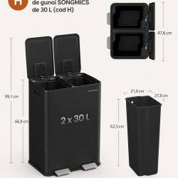 SONGMICS Cos de gunoi 2x30L, cu 2 compartimente, capac soft-close si galeti interioare, otel, negru