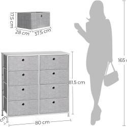 SONGMICS Comoda cu 8 sertare din material textil, cadru metalic si blat MDF, 80x30x81 cm, gri si alb