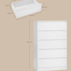VASAGLE Comoda cu 5 sertare, design modern minimalist, PAL si MDF, 60x40x97 cm, alb