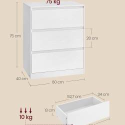 VASAGLE Comoda cu 3 sertare, design modern minimalist, PAL si MDF, 60x40x75 cm, alb