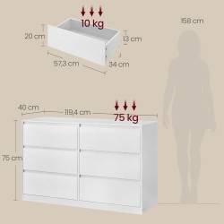 VASAGLE Comoda cu 6 sertare, design modern minimalist, PAL si MDF, 119x40x75 cm, alb