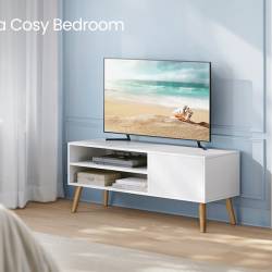 VASAGLE Comoda pentru TV de pana la 120 cm, 2 rafturi si dulap push-open, PAL si lemn, 120x40x49 cm, alb
