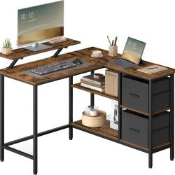 VASAGLE Birou de colt in forma L, cu 2 sertare si suport monitor, montare pe ambele parti, stil industrial, 115x105 cm, maro rustic