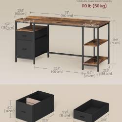 VASAGLE Birou cu 3 rafturi si 2 sertare, cadru metalic si PAL, montaj reversibil, 160x60x76 cm, maro rustic