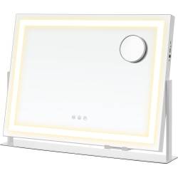 SONGMICS Oglinda machiaj cu iluminare LED, 3 culori lumina, suport telefon, 2 porturi USB, zoom 10x, 58x43 cm, alb