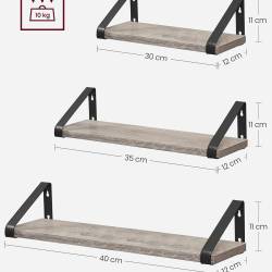 VASAGLE Raft de perete, set 3 bucati 30cm, 35cm si 40cm, 2 moduri de montare, gri si negru