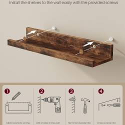 VASAGLE Set 3 rafturi suspendate plutitoare, cu margine frontala inaltata, 38x10x5 cm, maro rustic