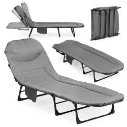 Pat camping pliabil tip sezlong, cu tetiera reglabila si buzunar lateral, maxim 120 kg, 65x200x88 cm, gri
