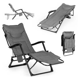 Sezlong gradina pliabil 2 in 1 cu suport telefon si buzunar lateral, material moale matlasat, maxim 150 kg, 180x63x90 cm, gri