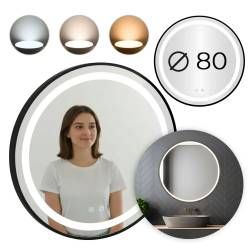 Oglinda baie LED rotunda cu functie anti-aburire, iluminare reglabila cu control tactil, 80 cm, negru