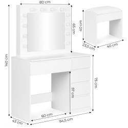 Masa de toaleta si machiaj Hollywood Pro, alba, cu 5 sertare, oglinda si 12 LED-uri, taburet tapitat, 94x43x140 cm