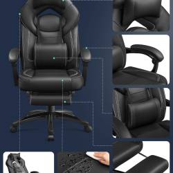 SONGMICS Scaun gaming ergonomic cu suport pentru picioare, tetiera reglabila si suport lombar, maxim 150 kg, 70x64x128 cm, negru