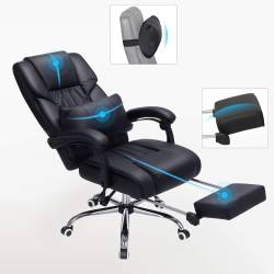 SONGMICS Scaun birou ergonomic, cu suport picioare retractabil, spatar reglabil 135°, maxim 150 kg, 70x70x125 cm, negru