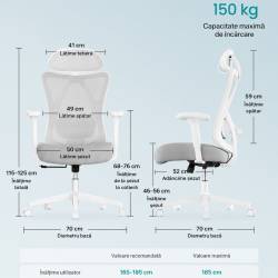 SONGMICS Scaun de birou ergonomic reglabil cu suport lombar si tetiera, maxim 120 kg, 70x70x125 cm, gri