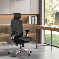 SONGMICS Scaun de birou ergonomic reglabil cu tetiera si suport lombar, inclinare 135°, maxim 150 kg, 70x70x125 cm, negru