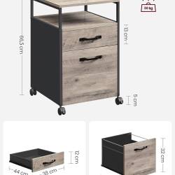 VASAGLE Dulap mobil cu roti, compartiment 2 setare, compatibil cu dosare suspendate, stil industrial, 42x44x67 cm, gri stejar