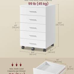 VASAGLE Dulap mobil rollbox pentru birouri, cu 5 sertare si roti, cadru din PAL, 42x40x66 cm, alb