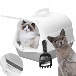 Litiera inchisa pentru pisici cu clapeta si lopatica, 49x36x35 cm, alb si gri