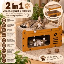 Ansamblu de joaca pentru pisici 2 in 1, cu suprafata de zgariat din carton ondulat, culcus detasabil si ascunzatoare pentru odihna, platforma superioa