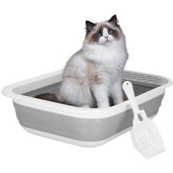 Litiera pliabila pentru pisici cu lopatica si capac, 45x34x12 cm, gri si alb