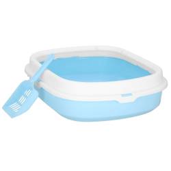 Litiera pentru pisici cu lopatica, 40x33x11 cm, albastru si alb