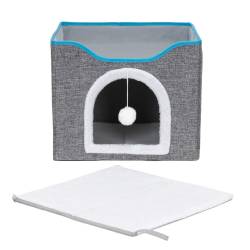 Casuta pentru pisici cu platforma si jucarie suspendata, structura din lemn si husa textila, 42x41x34 cm, gri