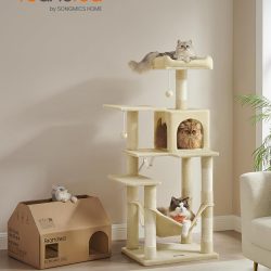 FEANDREA Ansamblu joaca pentru pisici cu 2 platforme, pestera, hamac si stalpi sisal, 55x45x143 cm, bej
