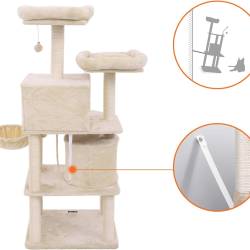 FEANDREA Ansamblu de joaca pentru pisici 152 cm cu stalpi sisal, 2 casute, cos plus si platforme, bej