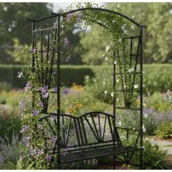 Pergola pentru gradina cu banca, suport plante cataratoare, structura otel, 114x45x208 cm, negru