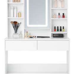 Masa de toaleta cu oglinda, iluminare LED reglabila, 2 sertare, MDF, 90x40x145 cm, alb