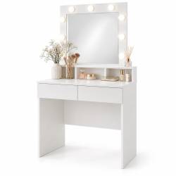 Masa de toaleta cu oglinda LED pentru machiaj, iluminare cu 9 puncte LED si 3 temperaturi de culoare pentru lumina personalizata, 2 sertare pentru org