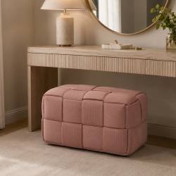 Taburet dreptunghiular tapitat cu material reiat, design impletit, 72x38x38 cm, roz