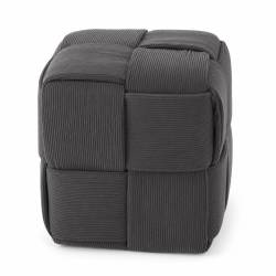 Taburet cub, tapitat cu material reiat, design impletit, 34x34x34 cm, gri