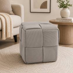 Taburet cub, tapitat cu material reiat, design impletit, 43x43x43 cm, gri
